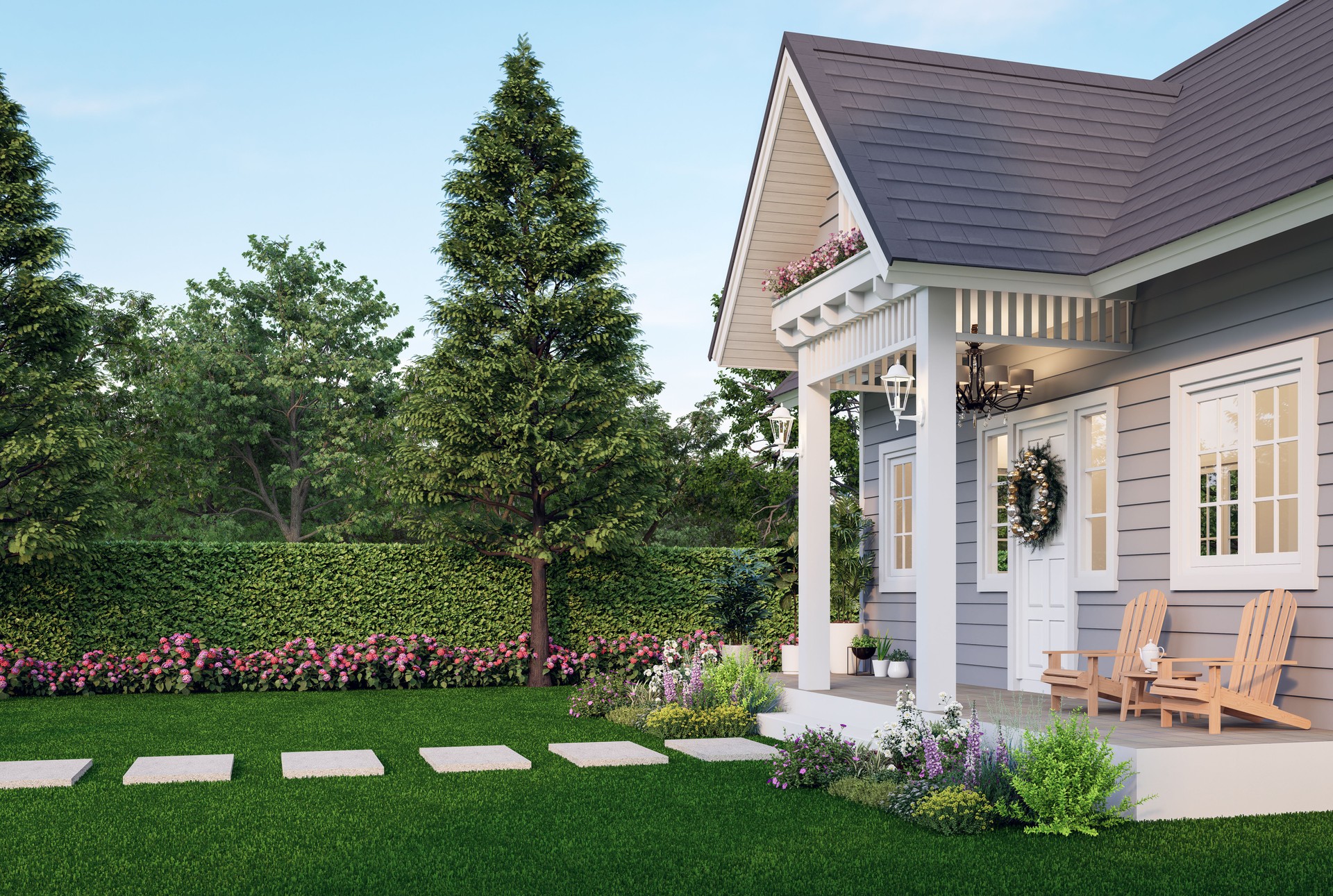 Tiny house with empty green lawn for copy space 3d render